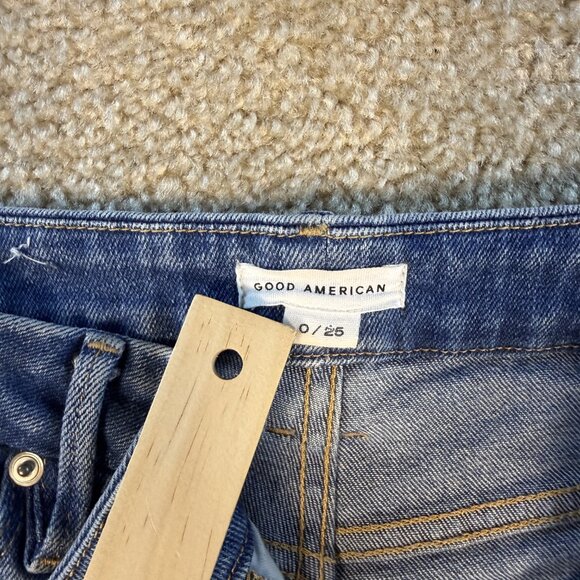 Good American Good Legs Flare Jeans Size 0/25 Twisted Slit Indigo Highwaist F436 - Picture 4 of 13